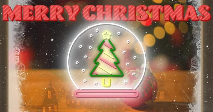 Animation of merry christmas text over snow globe with christmas tree