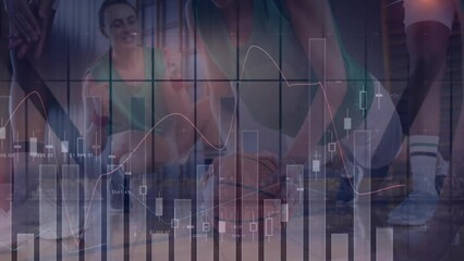 Animation of data processing over diverse female basketball players at gym - Powered by Adobe