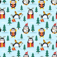 Penguins for Christmas. Seamless pattern, vector illustration