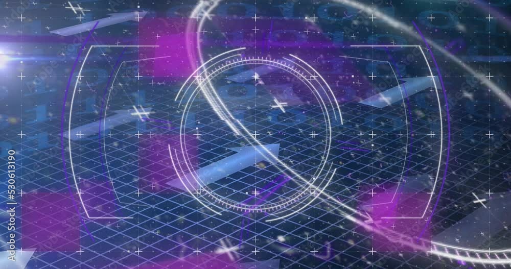 Poster animation of multicolored glitch technique with squares, arrows, circle over binary codes
