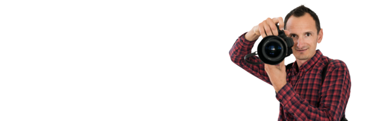 Smiling photographer. Png background.