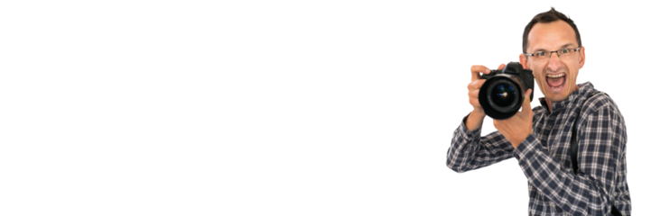 Smiling photographer. Png background.