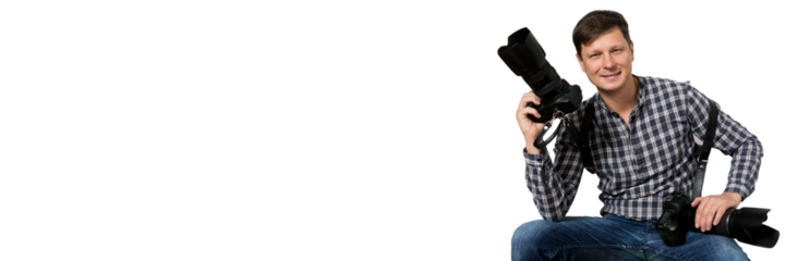 Smiling photographer. Png background.