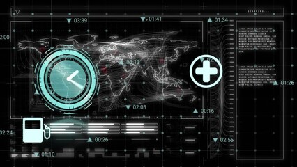 Animation of floating icons, digital clock, programming language, grid pattern over digital map - Powered by Adobe