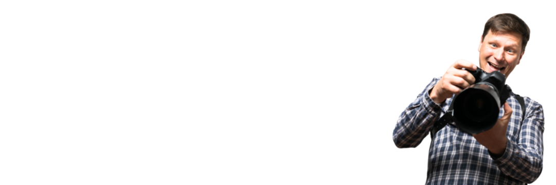 Smiling photographer. Png background.