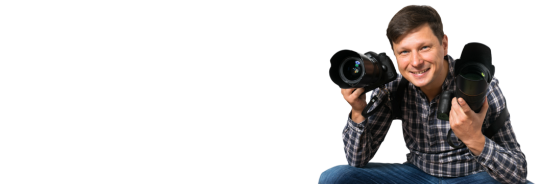 Smiling photographer. Png background. - Powered by Adobe