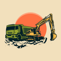 Truck and Excavator Graphic Design Suitable For T-shirt Design. Vector Illustration
