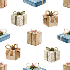 Watercolor vintage seamless pattern with  boxes of Christmas gifts isolated on white background. Hand drawn illustration sketch
