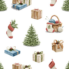 Watercolor vintage seamless pattern with gifts boxes, Christmas tree, socks and knitting basket isolated on white background. Hand drawn illustration sketch