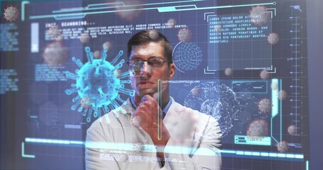 Animation of data processing over virus cells and caucasian male doctor - Powered by Adobe
