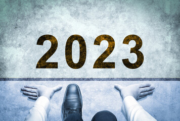 2023 year. Man is ready for start of 2023 New Year journey and future vision concept . Businessman...