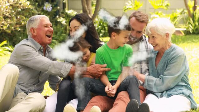 Animation of smoke trails over caucasian family smiling