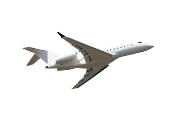 Fototapeta na wymiar White luxury private jet flies isolated on transparent background