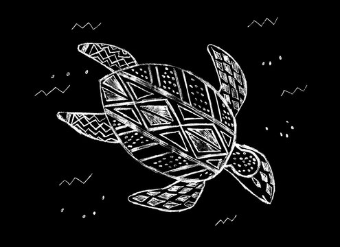 Decorative white sea turtle on a black background