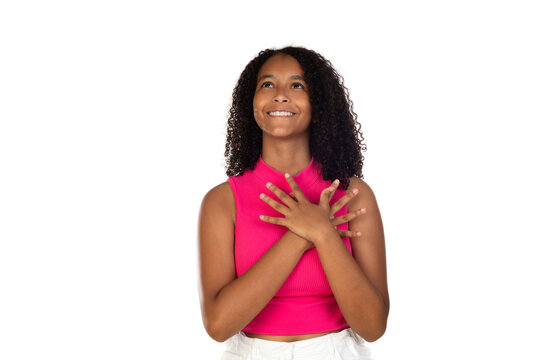 Photo of cute attractive stylish lovely sweet african american girl crossing her hands on her chest smiling and enjoying life