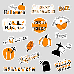Set of cartoon Halloween stickers. Vector and illustration hand drawn collection of Halloween theme elements.