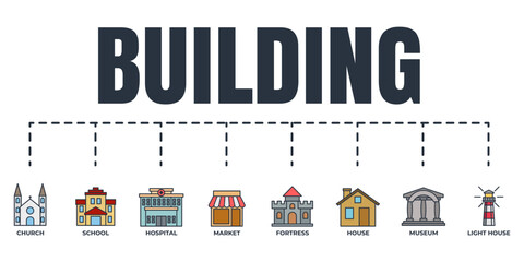Building banner web icon set. school, lighthouse, church, museum, market, fortress, hospital, house vector illustration concept.