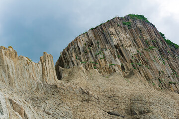 amazing landscape of columnar volcanic basalt on the island of Kunashir