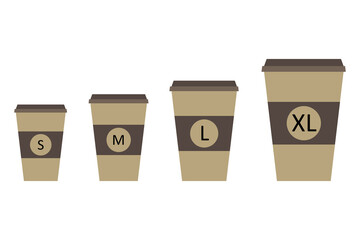 Black coffee cups different size set - s, m, l, xl. jpeg illustration. Paper takeaway coffee cups in line style isolated on white background. jpg image 