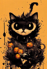 Scary cat with Halloween pumpkins
