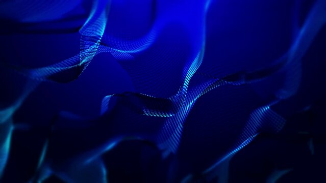 Wireframe geometric shapes grid pattern . Rippling motion abstract mesh waves network. 3D video seamless loop modern blurred design deep background.