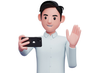 portrait of a businessman making a video call with a cell phone, 3d illustration of businessman holding phone