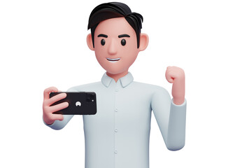 portrait of a businessman celebrating while looking at a cell phone, 3d illustration of businessman holding phone