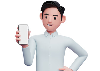 portrait of a businessman holding and looking phone with left hand on waist, 3d illustration of businessman holding phone