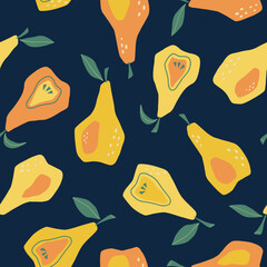 Vector seamless pattern with abstract pears on the dark background. Flat style fruit. Hand drawn vector garden fruit illustration. For textiles, clothing, bed linen, office supplies.