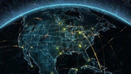 Highly Detail View of North America Map Representing concepts as Telecommunication, Artificial Intelligence, IOT, AR and 5G Networks. Futuristic Animation of Rotating Earth with Grids and Connections. - Powered by Adobe