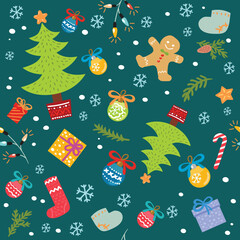 Fototapeta na wymiar Vector seamless pattern with Christmas tree, Christmas ball, cookies, sweets, snowflakes, felt boots
