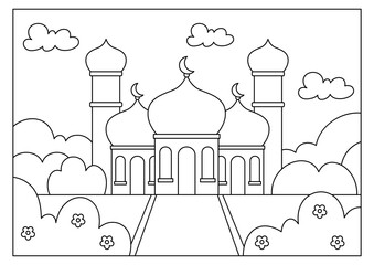 mosque coloring page activity for kid printable vector