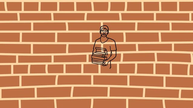books in boy hands sketch and 2d animation bricks wall background 