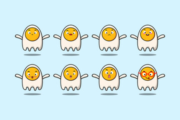 Set kawaii fried eggs cartoon character with different expressions cartoon face vector illustrations