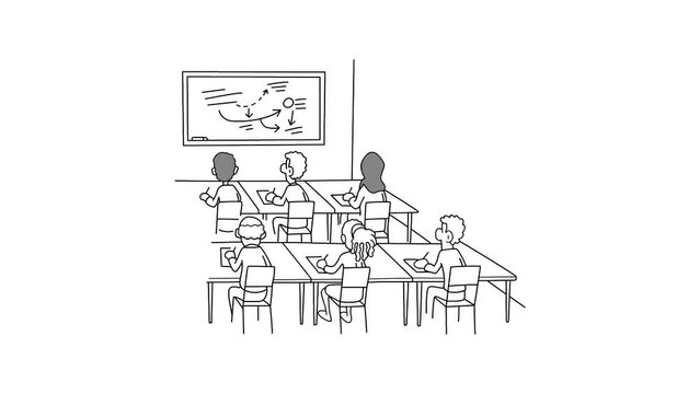 classroom, schoolkids sketch on white background