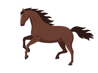 Fototapeta na wymiar A running brown horse. Vector illustration of a running athletic brown horse stallion on isolated on white. Flat design, side view.