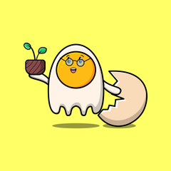 Cute cartoon fried eggs holding plant in a pot flat modern style design
