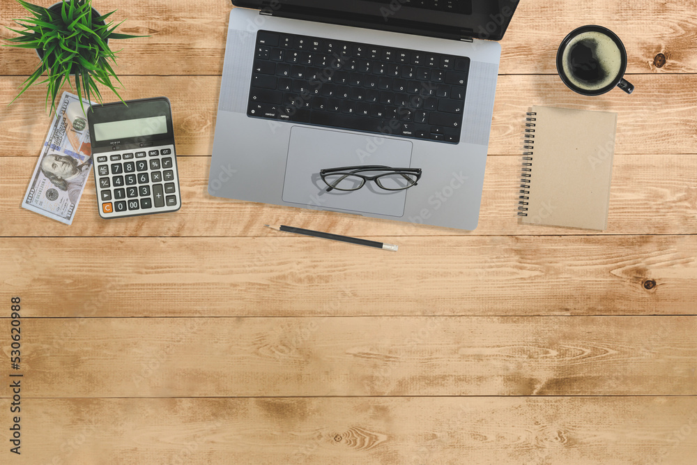 Fototapete flat lay of top view desk account financial money finance work table with computer notebook and penc