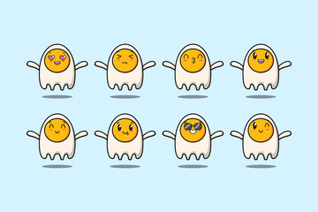 Set kawaii fried eggs cartoon character with different expressions cartoon face vector illustrations