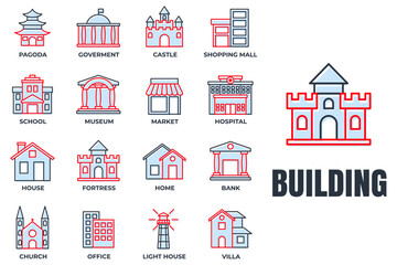 Set of Building icon logo vector illustration. bank, shopping mall, castle, fortress, hospital, house and more pack symbol template for graphic and web design collection