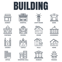 Set of Building icon logo vector illustration. bank, shopping mall, castle, fortress, hospital, house and more pack symbol template for graphic and web design collection