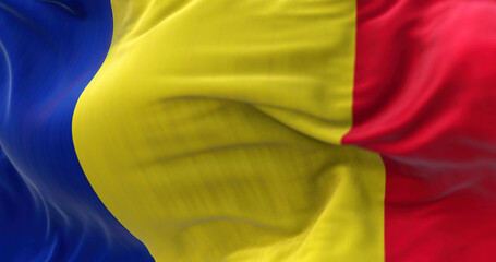 Close-up view of the Romania national flag waving in the wind