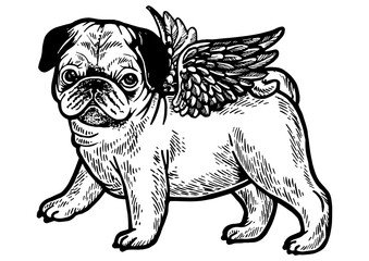 Obraz premium Angel flying pug puppy engraving PNG illustration with transparent background