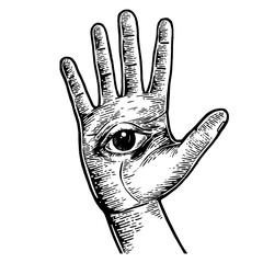Eye on human palm sketch engraving PNG illustration with transparent background