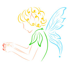Fototapeta na wymiar cute light curly child elf with fairy wings, heart-shaped petals in hands, colorful sketch on a white background