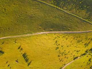 Carpathian Meadow With Country Roads. Aerial View Flat Lay