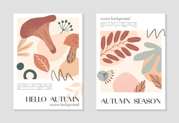 Set of autumn creative posters with organic various shapes,foliage,acorns,mushrooms and copy space for text.Modern seasonal designs.Universal artistic banners.Trendy fall vector illustrations.