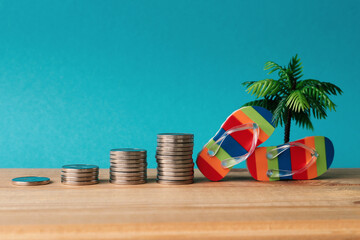 Piles of coins and beach slippers with a palm tree. Concept - savings for travel and leisure. - obrazy, fototapety, plakaty