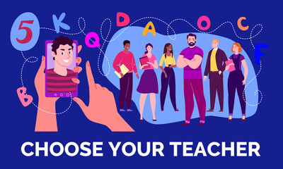 Digital technologies. Mobile application, online learning platform, websites. Choice of tutor. Raster illustration in cartoon style.