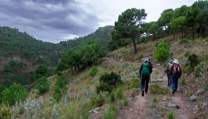 Fototapeta na wymiar Hikers walking along a path in the Sierra de Almiijara and Tejeda with pine trees and a cloudy stormy sky